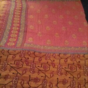 Kantha Quilt Pink Yellow Red White Blue 54" x 84" Cotton Reversible K57.